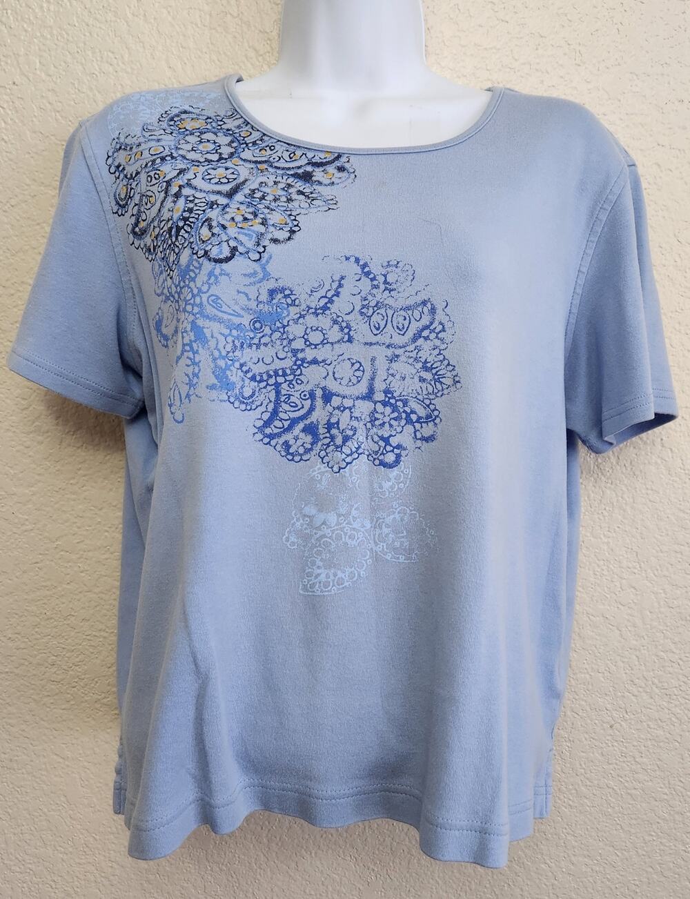Classic Elements Blue Floral Round Neck Top Large Short Sleeves Lightweight Soft